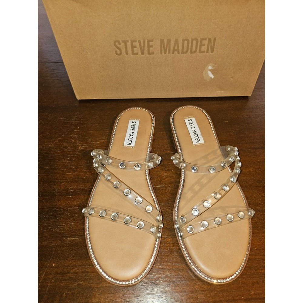 STEVE MADDEN Women Beige Slide Clear Diamond Strap Sandal Size 7.5 New in box - Picture 5 of 10